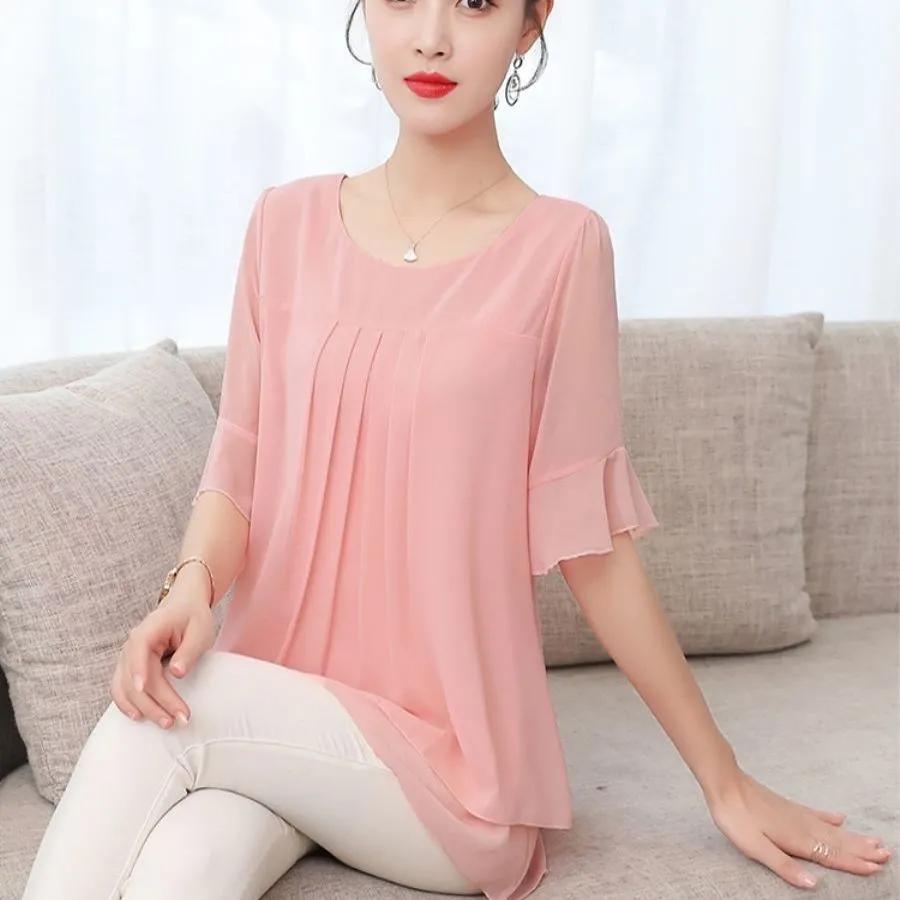 

Женская летняя футболка больших размеров свободного покроя с однотонным дизайном, элегантные топы 2XL розовый