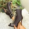 Fashion Lace-up Fish Mouth Cold Boots Women's Summer New Round Toe Open Toe Cutout Breathable Soft Leather Stiletto Heel Booties