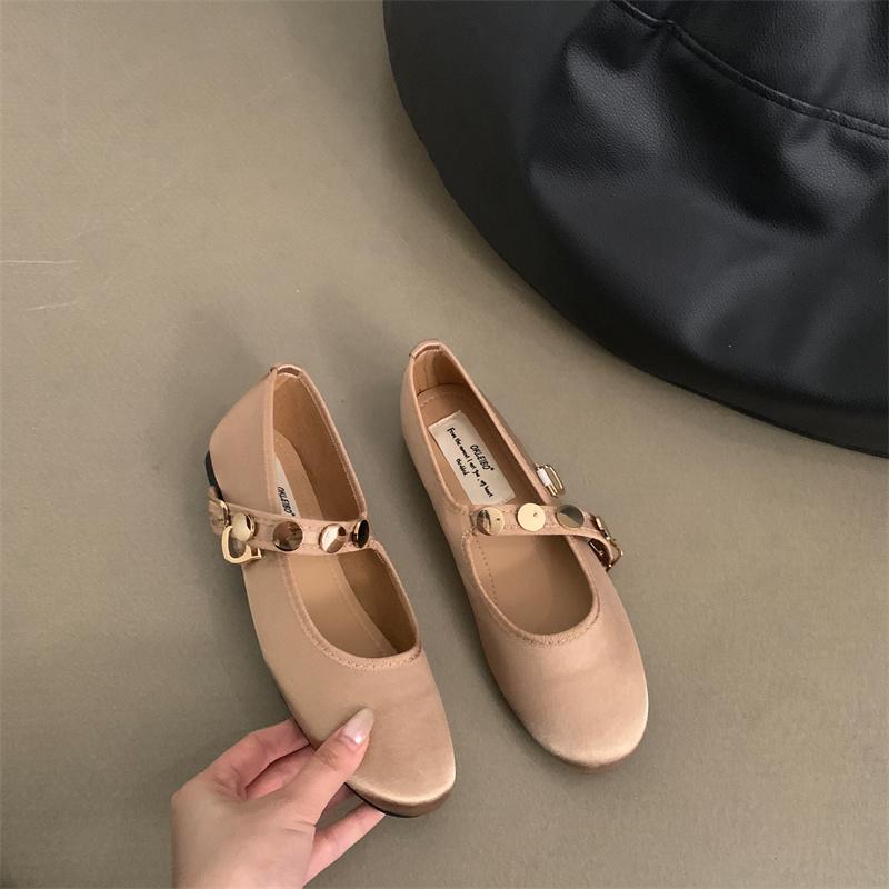 

Fashion IPPEUM Ballet Flats Women Purple Satin Round Toe Mary Jane Shoes Buckle Silver Ballerina Flats 245 хаки