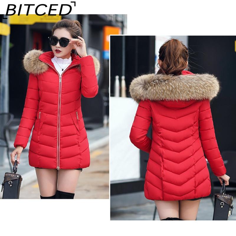 BITCED Winter Coat for Women - Mid-Length Slim-Fit Cotton Jacket with Large Fur Collar and Down-Filled Quilted Design
