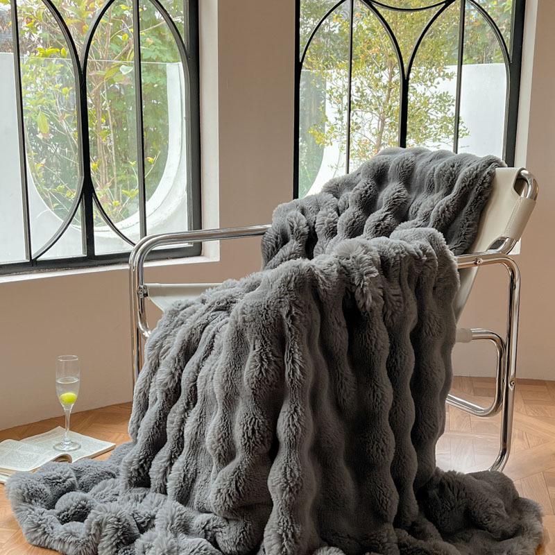 Autumn-Winter Double-Layer Faux Rabbit Fur Plush Nap Throw Blanket Shawl