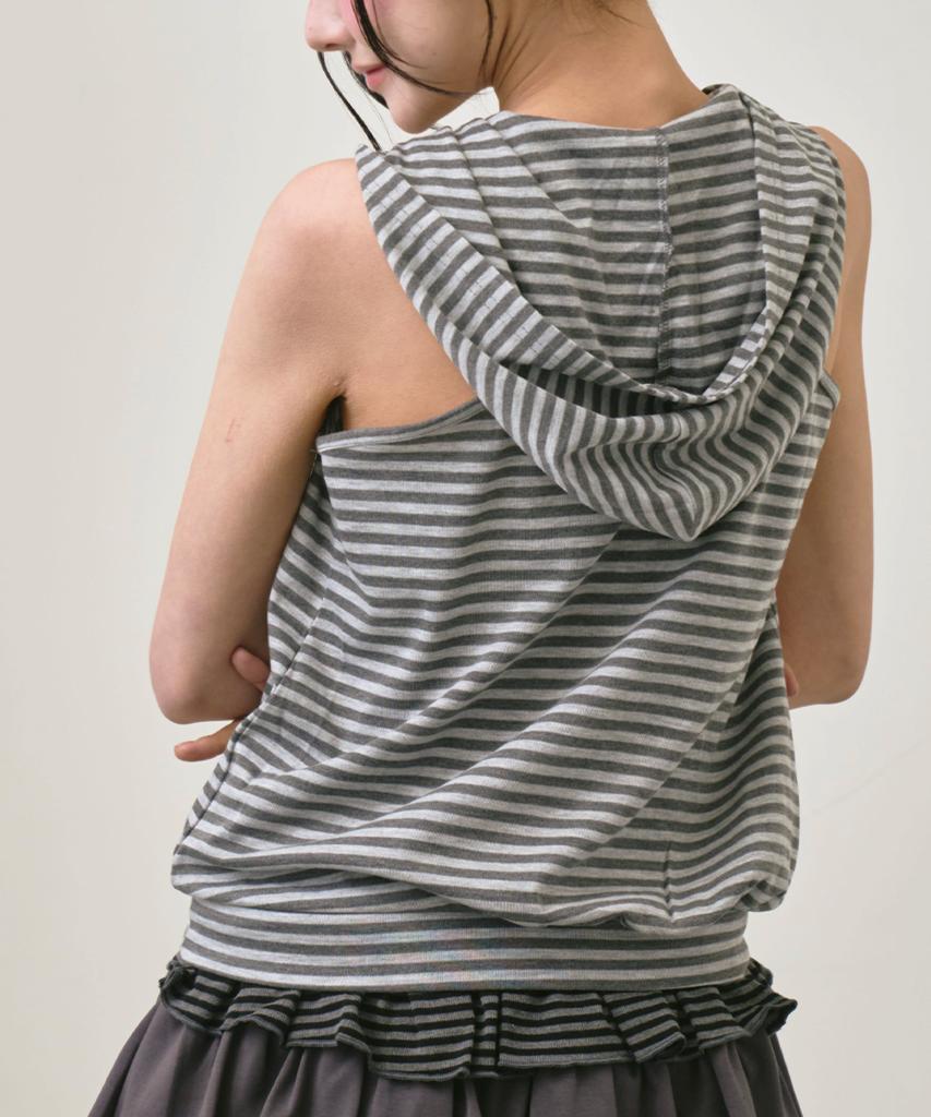 THE GREEN LAB Striped Glam Hooded Sleeveless Top [Light Gray]