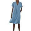 Damen Sommer Baumwoll Leinen Midi Kleid V-Ausschnitt Kurzarm Mit Taschen Lässig A-Linie Strand Sommerkleid
