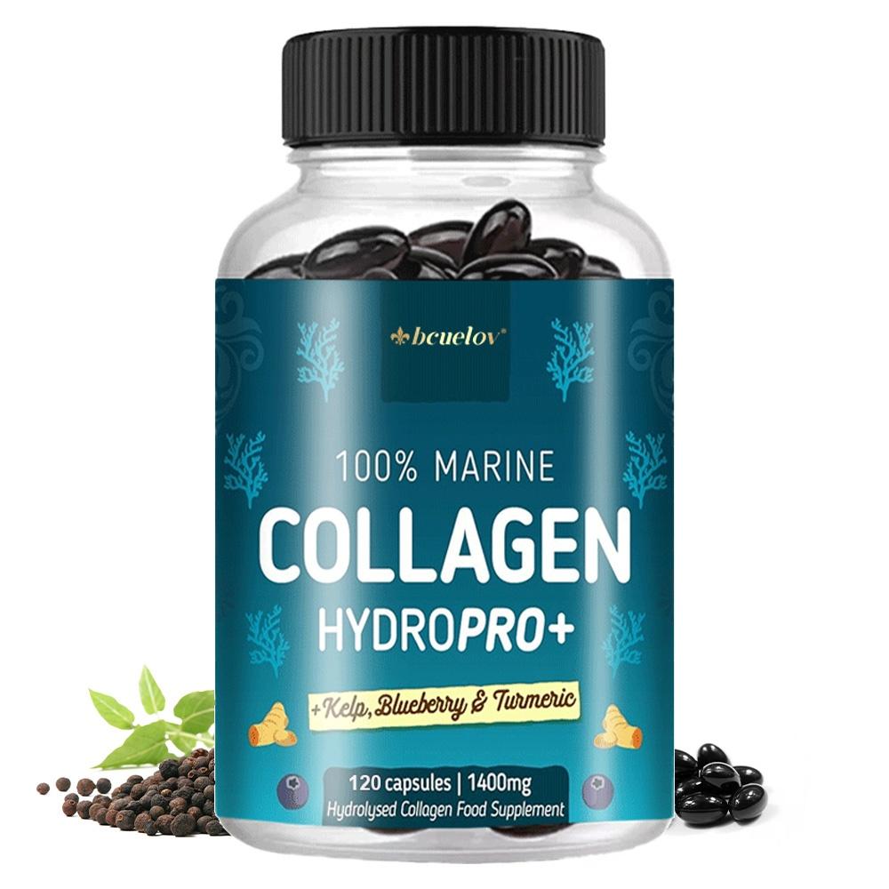 Bcuelov Marine-Kollagen Hydrolysat Kapseln, mit Seetang, Blaubeere, Kurkuma, Hyaluronsäure, Vitaminen C, E, B2, Biotin, 120 Kapseln