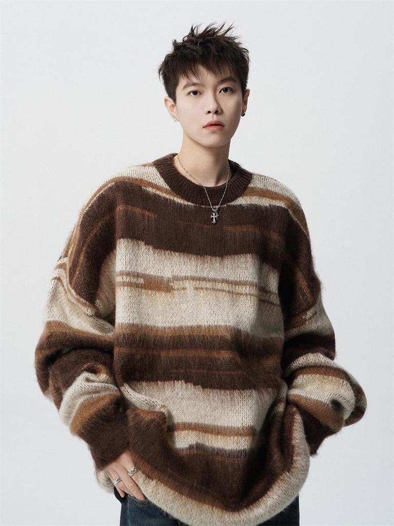 Unisex Mohair Round Neck Color Block Stripe Sweater - Autumn/Winter Casual Loose Fit