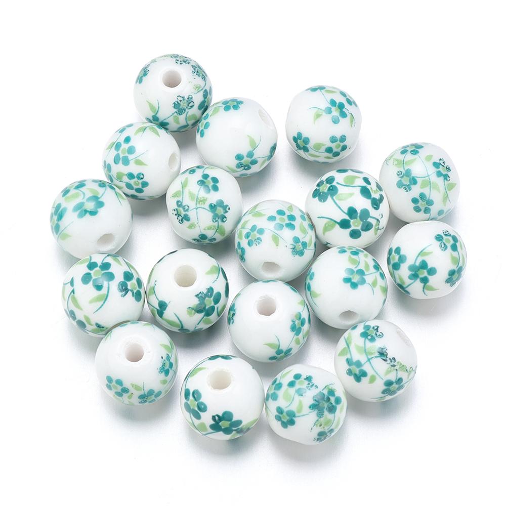 50Pcs 10mm Round Ceramic Beads Colorful Plum Blossom Sunflower Pattern Loose Porcelain Beads For DIY Bracelet Necklace Jewelry