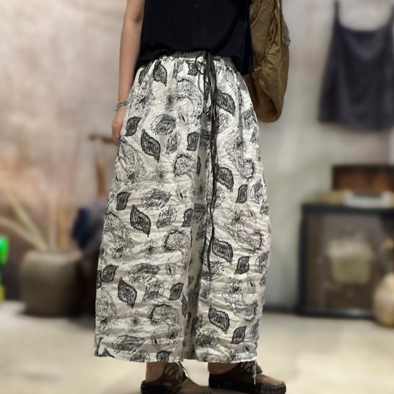 Johnature Women Vintage Striped Pants Print Floral Elastic Waist Loose Trousers Autumn Belt Casual Long Pants
