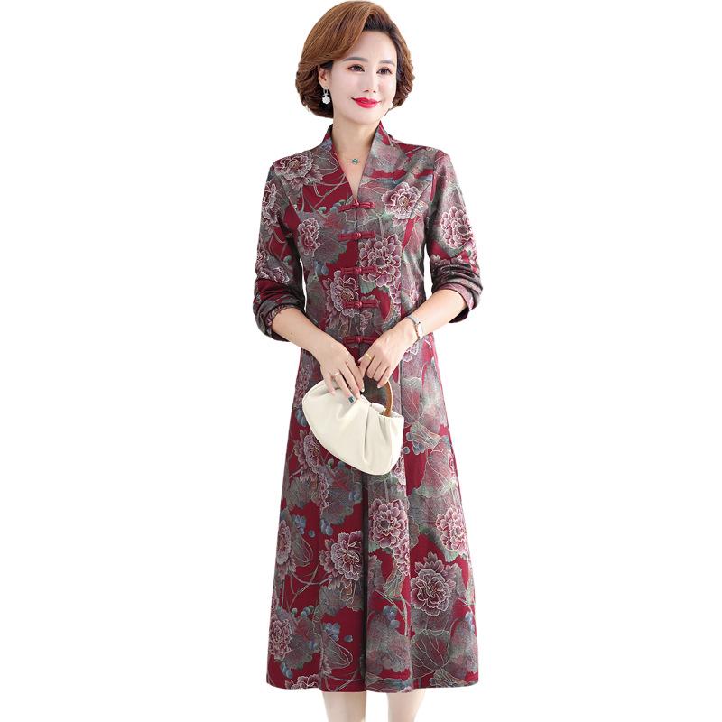 High-End Ethnic Print Long-Sleeve Cheongsam Dress - Women's Mid-Length Fashion for Autumn/Winter
