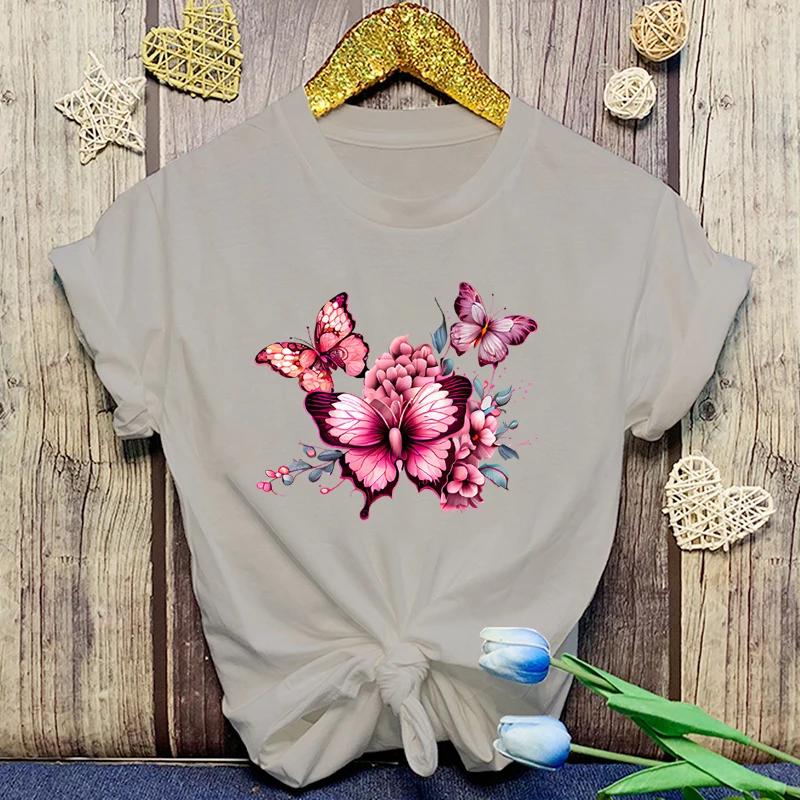Flowers Butterfly Print Tshirt Summer Fashion Casual Short Sleeve Round Neck Tops Women/Mens T-Shirts