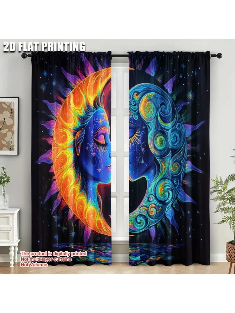 

Plane Printing Curtains Window Treatment Sun Moon Printed Durable Polyester Fabric Without Rod Festive Curtain Made Of W100*H70(CM)-Hooks&1PCS