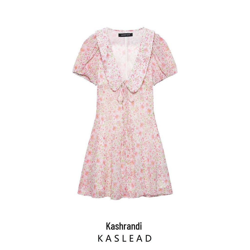 2025 Spring Women's Fashion: European & American Style Printed Short Dress with Round Turn-Down Collar