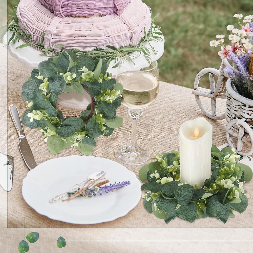 8 Pcs Candle Rings Artificial Eucalyptus Leaves Wreaths Candle Rings Wreaths Greenery Wreath Candle Rings for Pillars Boho Wreath Pillar