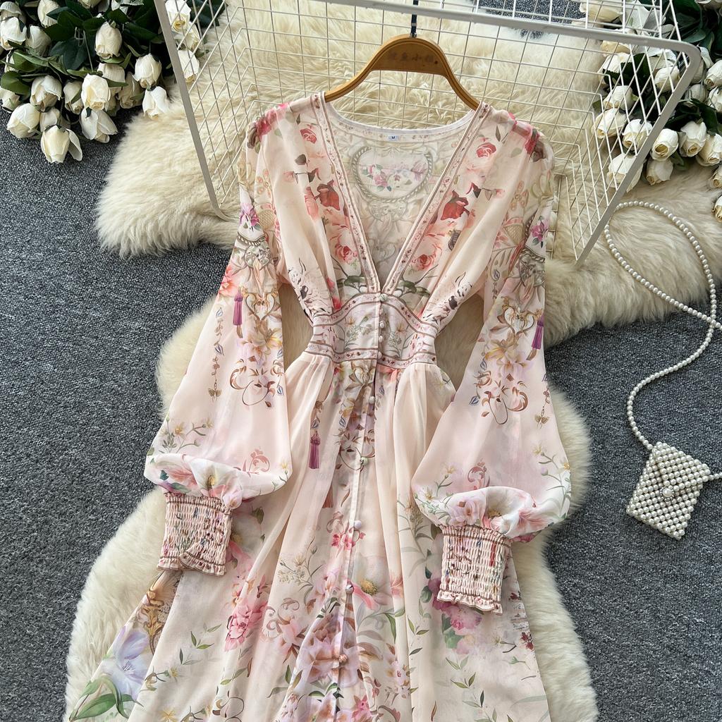 French Romantic-Style Printed Long-Sleeve Dress for Women Autumn V-Neck Puff Sleeves Elastic Waist A-Line Elegant Long Maxi Dress
