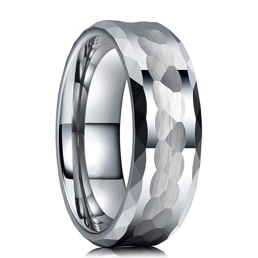 Fashion 8mm Men Stainless Steel Rings Silver Color Hammered Design Multi-Faceted Rings For Men Women Wedding Band Jewelry Gifts