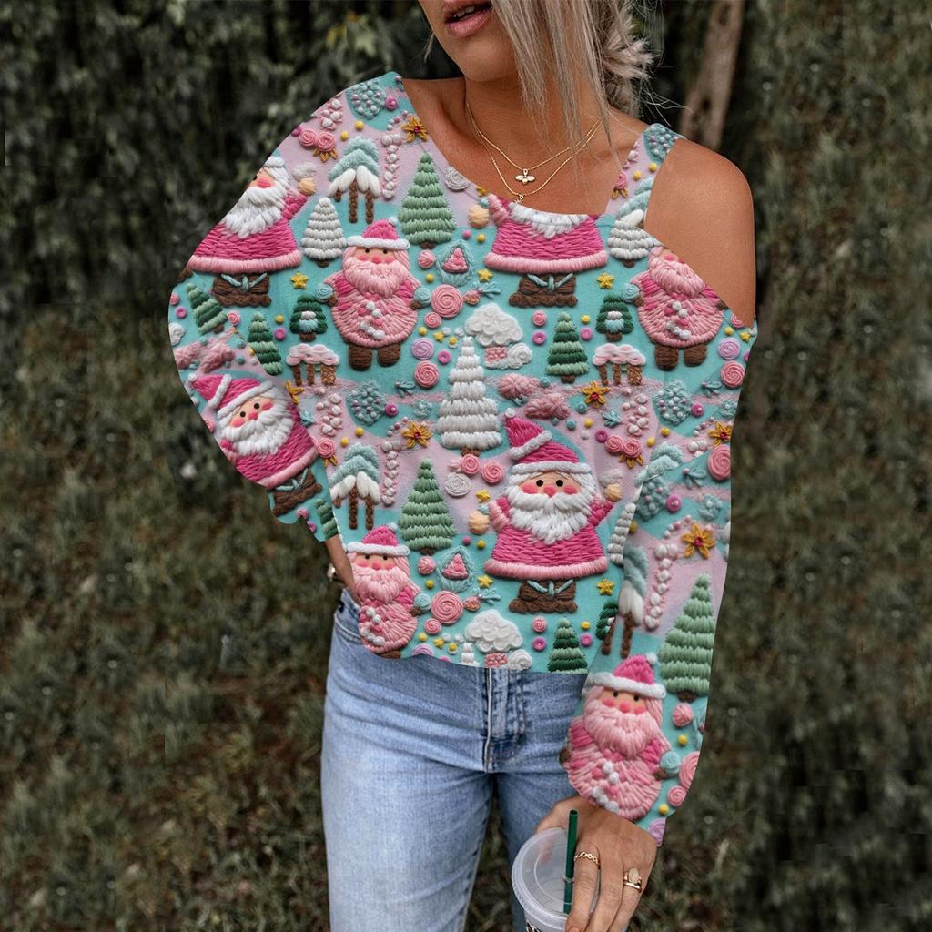 Women's Hollowed Out Fashionable Casual Floral Print Off Shoulder Hoodie Top Christmas