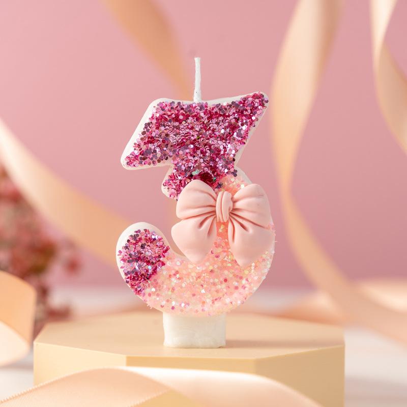 Creative Sequin Pink Bow Color Block Candle Anniversary Digital Birthday Cake Candle Decoration