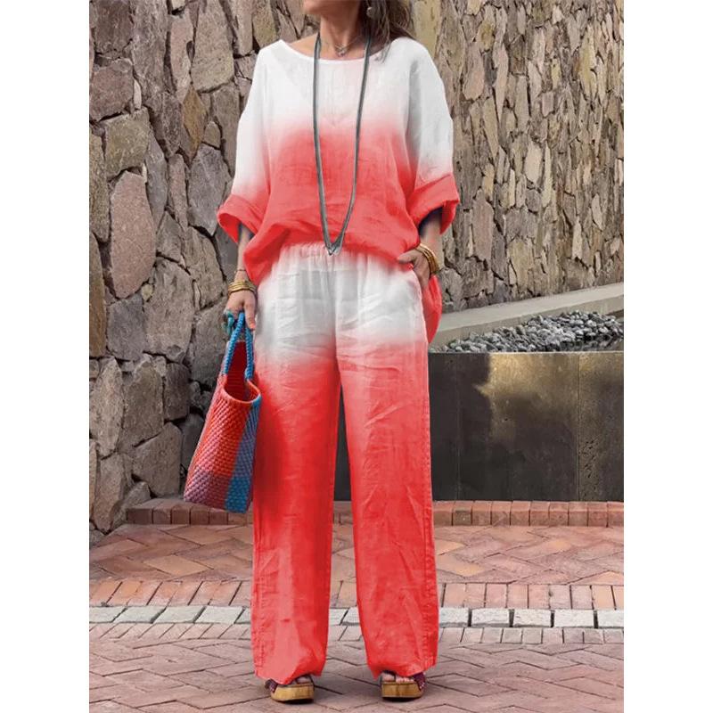 Damen Set Modisches Baumwoll- und Leinen-Verlaufs-Langarm-Rundhals-Oberteil und Gerade Hose Zweiteiler