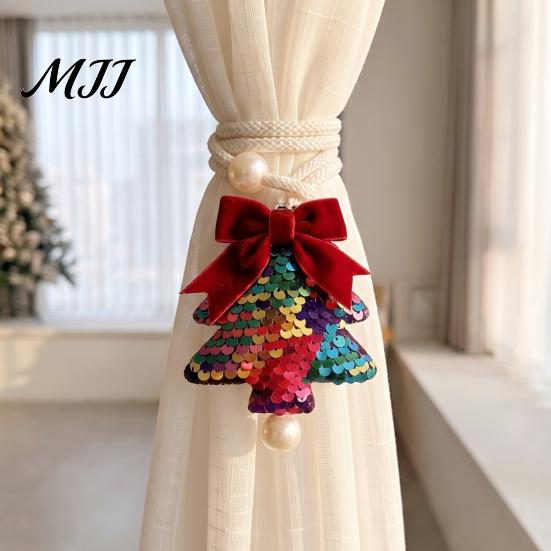 Versatile Decorative Binding Rope Sequined Tree Curtain Tieback, Sparkling Christmas Holder with Gift Wrapping Bows Bow, Drapery Holdback for Holiday