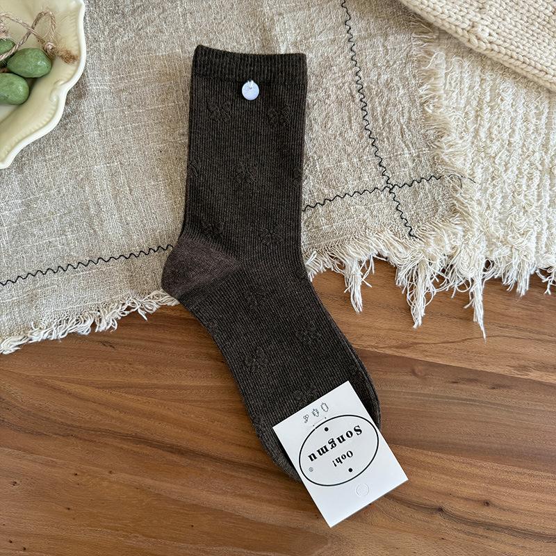 

Женские весенне-осенние однотонные носки-гольфы с объемными бантами, пуговицами кошачий глаз и микродавлением в трубке 1 pair коричневый/кофейный