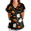 Loose Fit V Neck Short Sleeve Halloween Print Medical Scrub Top with Pockets for Women Comfortable Workwear