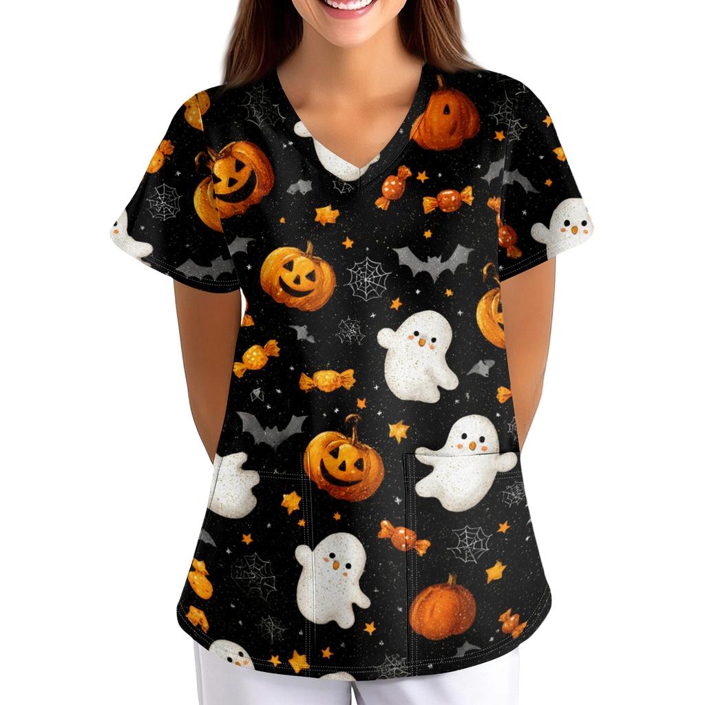 Loose Fit V Neck Short Sleeve Halloween Print Medical Scrub Top with Pockets for Women Comfortable Workwear
