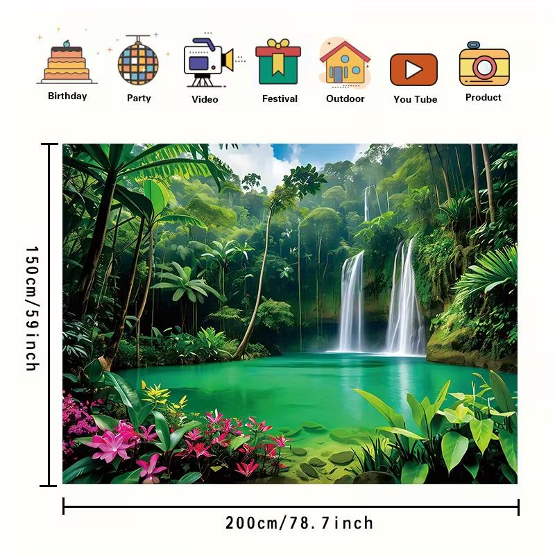 2D Turquoise Pool Waterfall Tapestry Lush Rainforest Photography Background