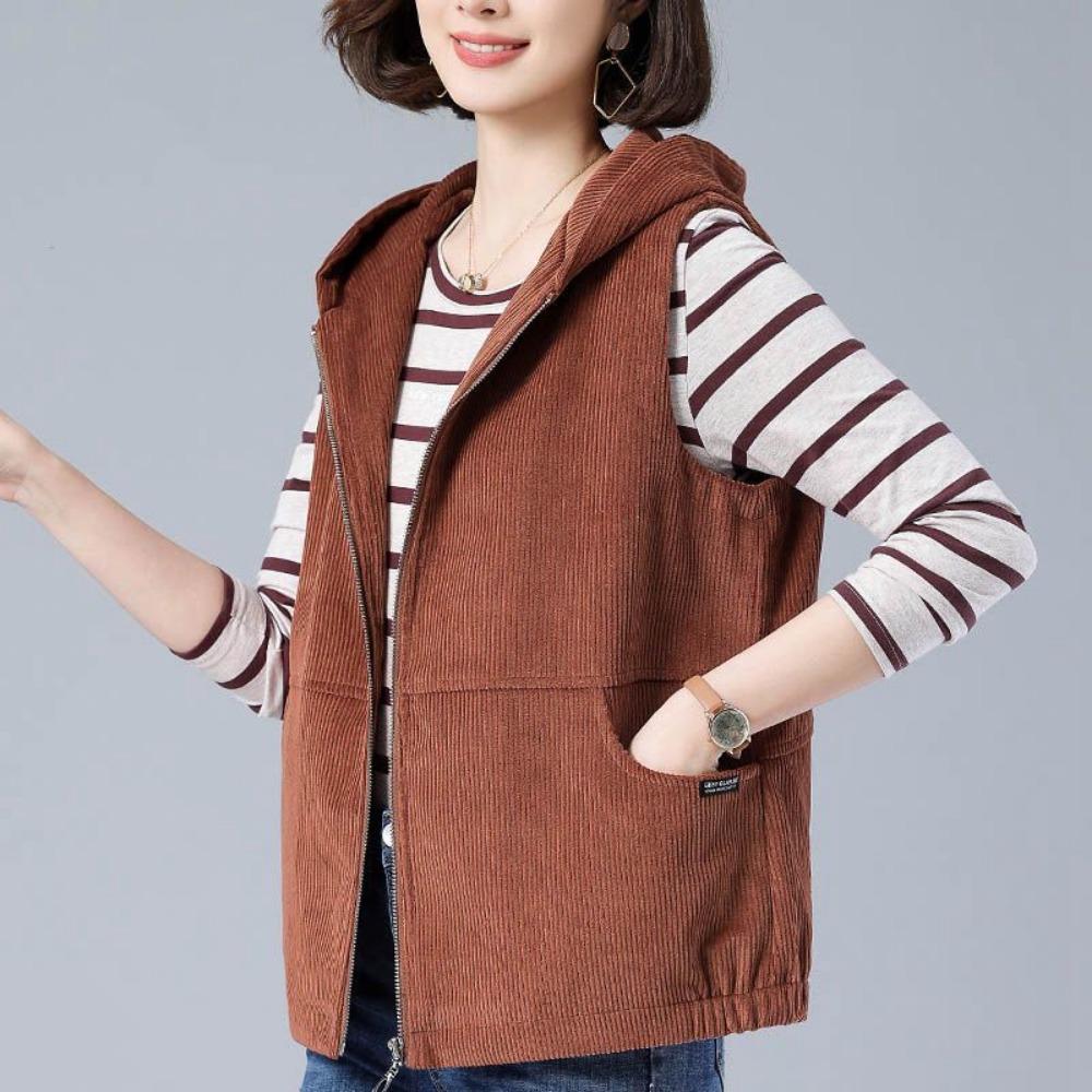 Casual Hooded Corduroy Short Vest Women's Spring and Autumn Middle-aged Mother Vest Waistcoat
