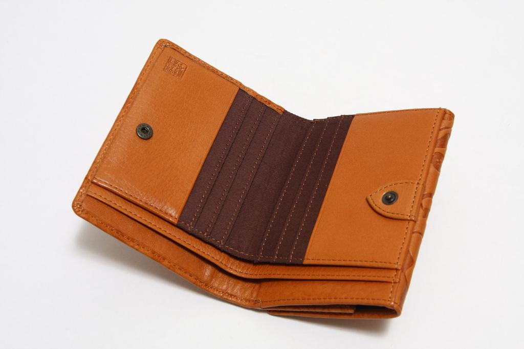 Women's cat print bifold wallet with coin purse and bill compartment, by Shuhei Nomura, brown