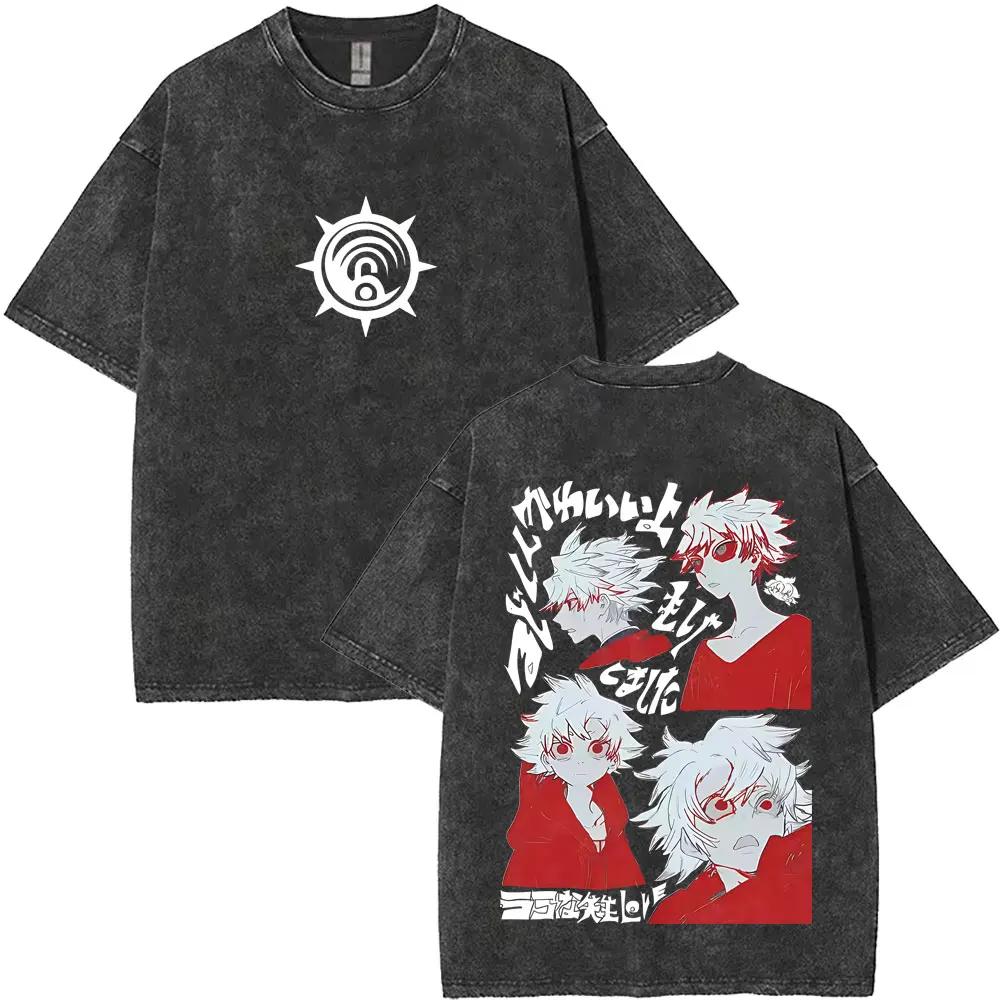 Washed Vintage Anime Gachiakuta Rudo Enjin Zanka Riyo Face Graphic T-shirt Men Women Casual Cartoon Manga Short Sleeve T-shirts