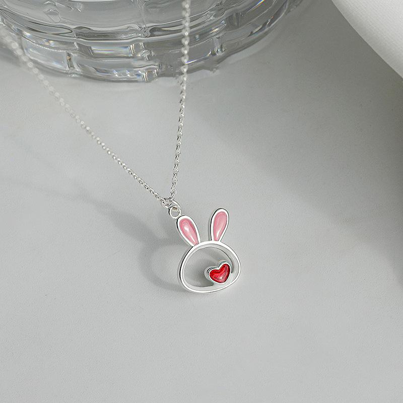 Pink Heart-Shaped Year Of The Rabbit Necklace Cartoon Soft Cute Day Girlfriend Girl Feeling Cute Heart Little Rabbit Collarbone Chain