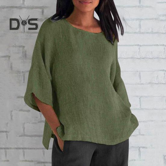 Women Shirt 3/4 Sleeve Casual Crew Neck Solid Color Pullover Tops Loose Fit Vacation Blouse Daily Wear