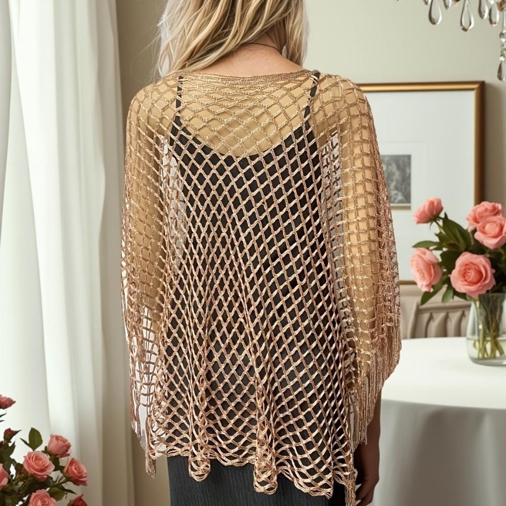 Tassel Sunscreen Cover-up Loose Fit Knit Hollow Out Top Fashion Fishnet Swimsuit Cover Up  Vacation