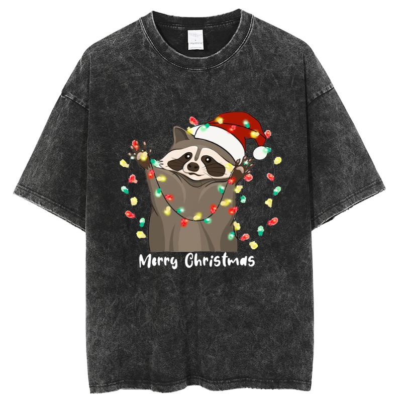 Christmas Cartoon Animal Print Women's T-Shirt New Oversized Washed Denim Short Sleeve Cute Casual Top