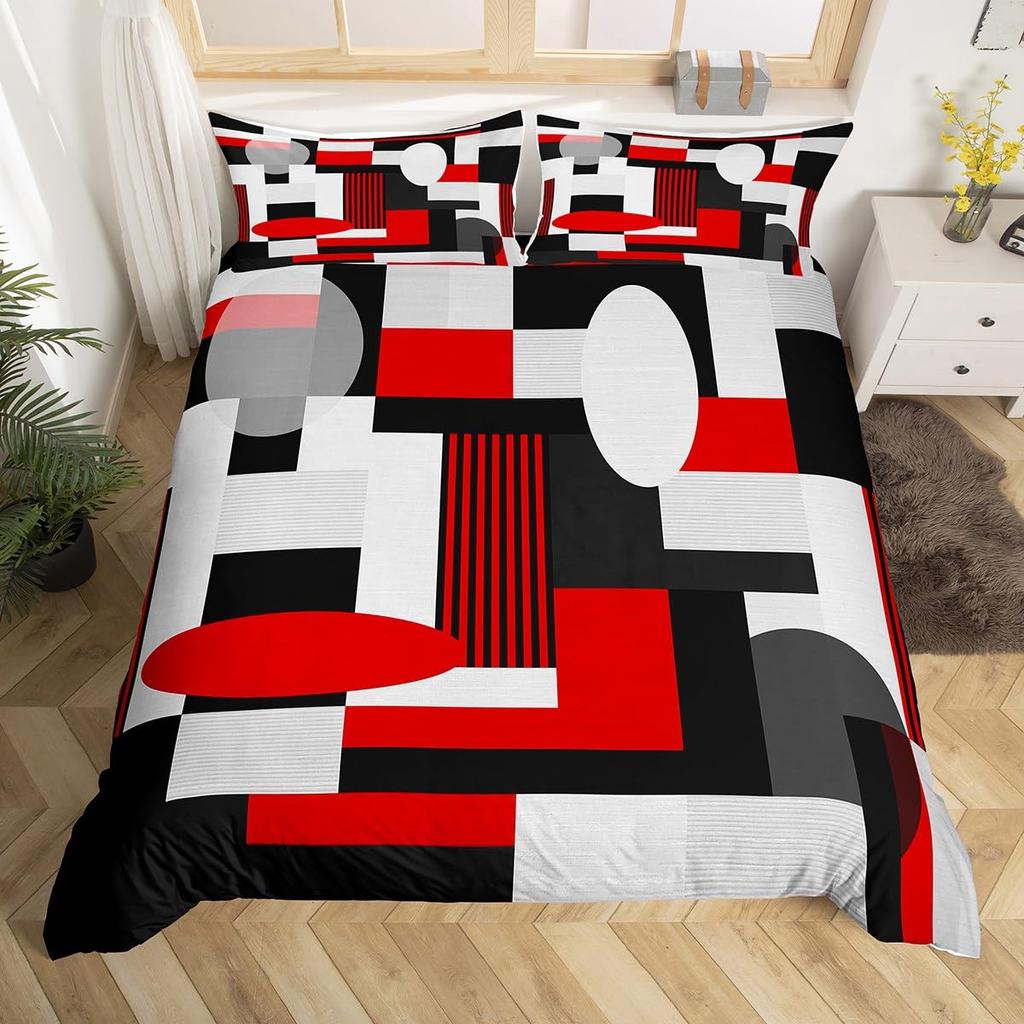 Feelyou Geometrisches Bettwäsche-Set Queen-Size Grün Schwarz Grau Bettbezug-Set für Jungen Mädchen Teenager Rechteck Quadrat Bettbezug Modern Abstrakt