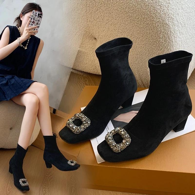 Fashion Skinny Boots Women's Block Heel French Naked Boots Rhinestone Suede Square Toe Stretch Booties Skinny