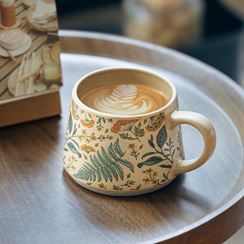 Large Ceramic Coffee Mug 360ml, Cute Cup for Women, Ideal for Tea or Coffee,Hand Painted Floral Design Pottery Mug,1pc