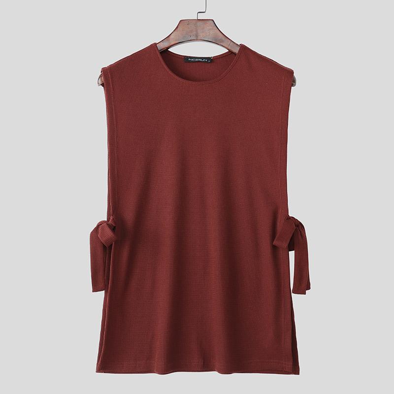 

INCERUN Summer Men Sleeveless Solid Color Side Lace-up Casual Texture Long Tank Tops 5XL оранжевый