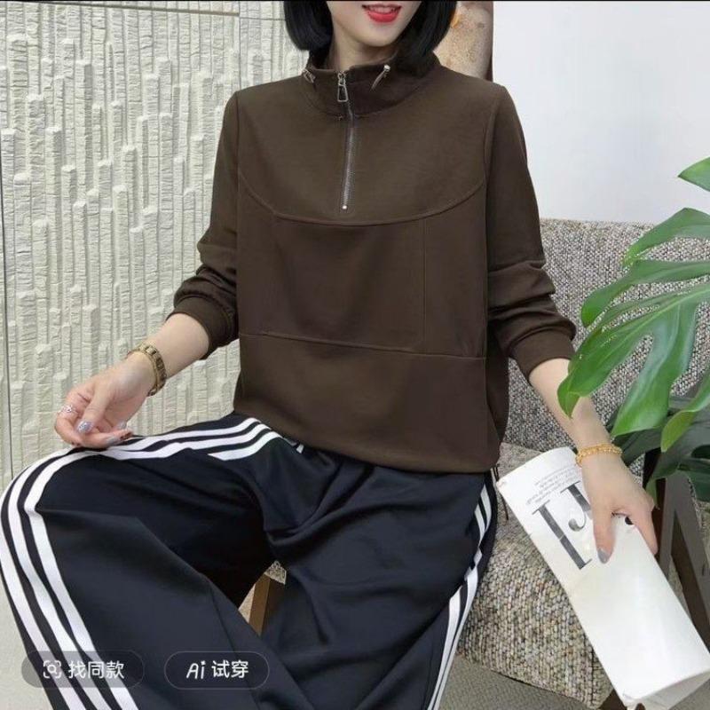 Autumn Winter Stand Collar Zipper Loose Casual Sweatshirt Women Solid Color Fashion All-match Pullover Top