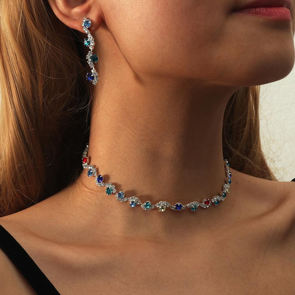 Funkelnde Diamant Kristall Halskette Ohrringe Mode Hochzeitsaccessoires Zweiteiliges Set