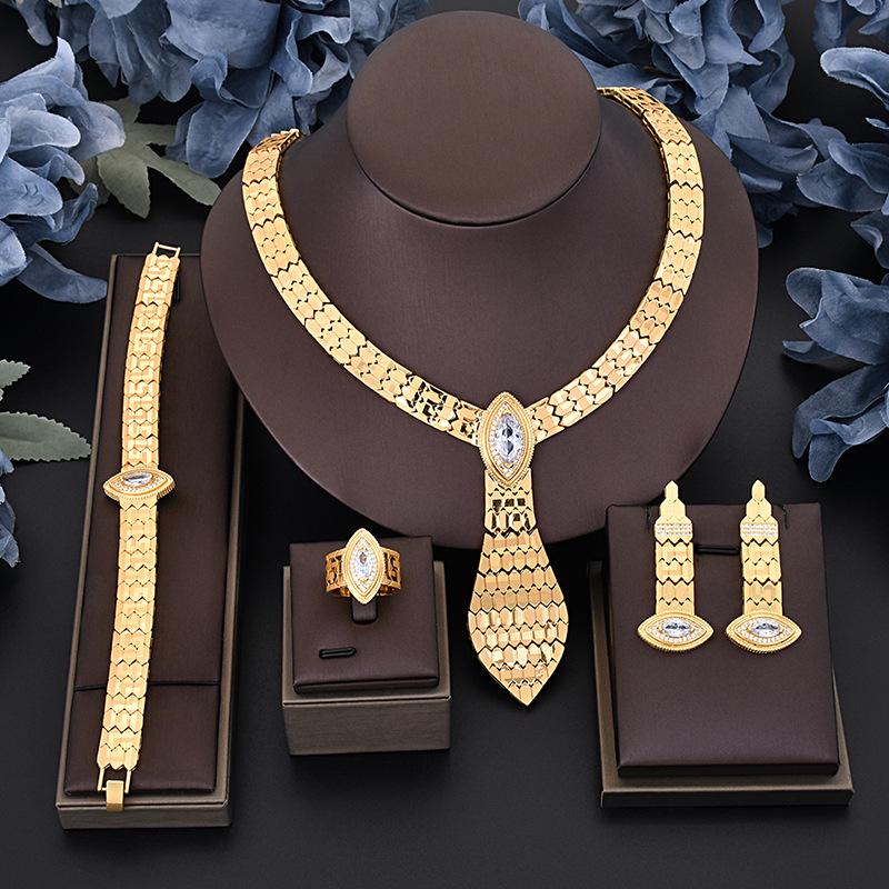 24K Gold Bride Jewelry Set: Necklace, Bracelet, Earrings, Ring - Four Pieces