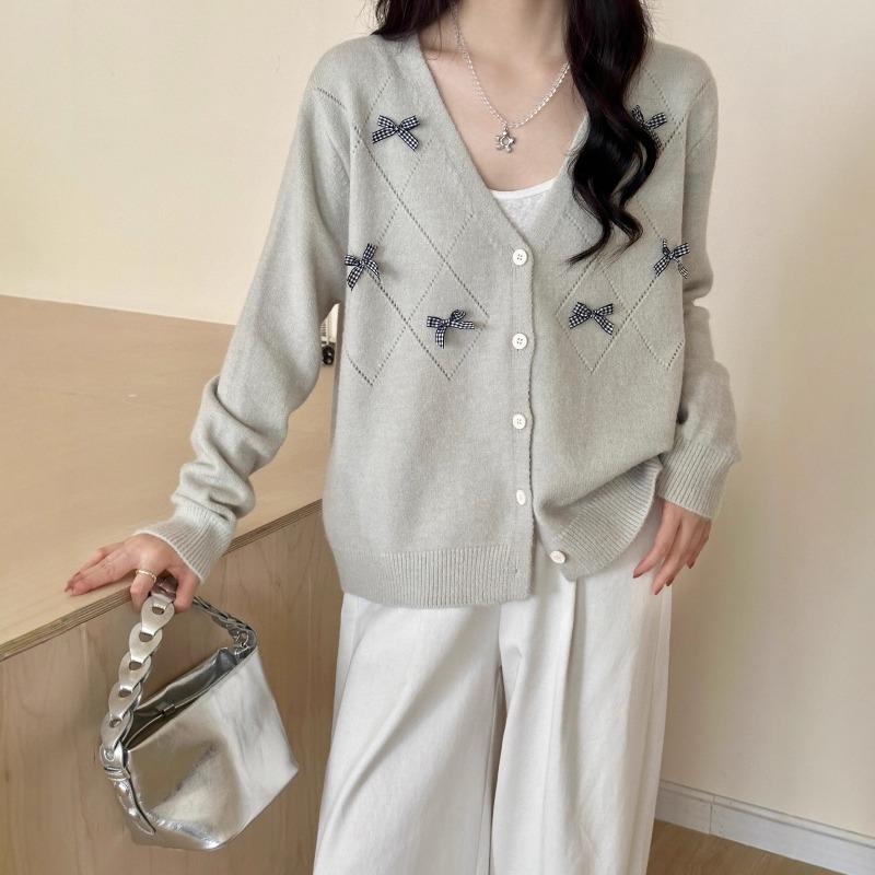 

Свитер женский с V-образным вырезом, украшенный бантом, свободного кроя, однотонный, мягкий, вязаный, осеннего стиля, теплый, модный женский топ One Size светло-серый