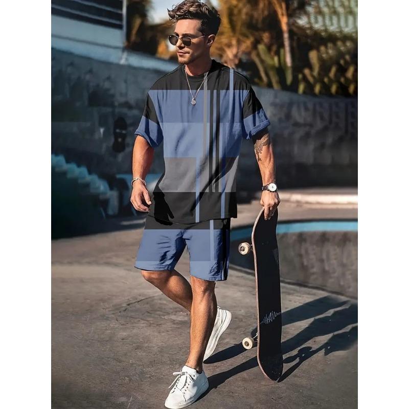 Men's Fashion Suit Harajuku Style Short-sleeved T-shirt + Shorts Two-piece Set Men's Trendy Sportswear Plus Size Casual Menswear