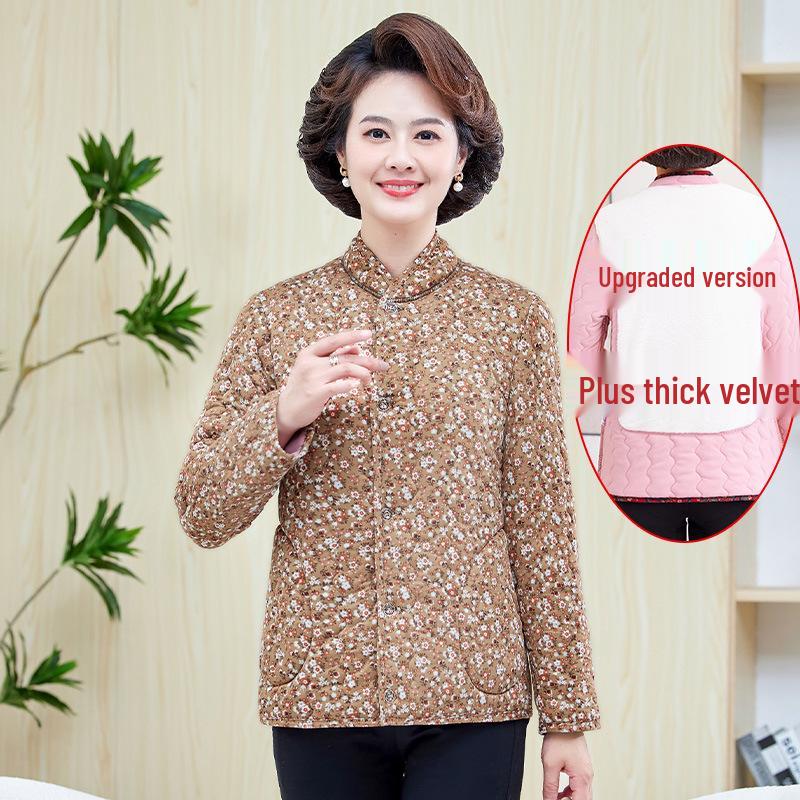 Mom's Floral Plush Winter Jacket - Thickened Cotton, Lightweight for Mid-Aged & Elderly