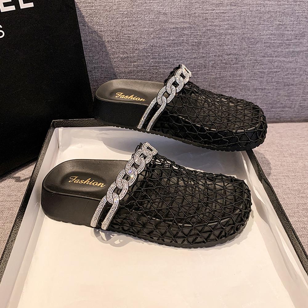 Retro Woven Fishing Net Sandals Women's Outdoor Summer New Diamond Thick Heel One-Strap Head Covering Half Slippers