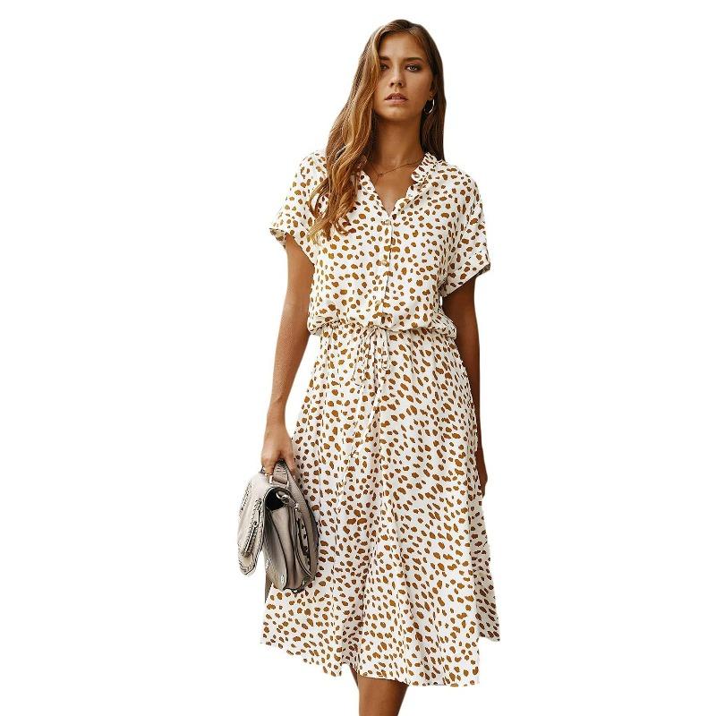 Women's Button Front Drawstring High Waist Short Sleeve A Line Midi Dress