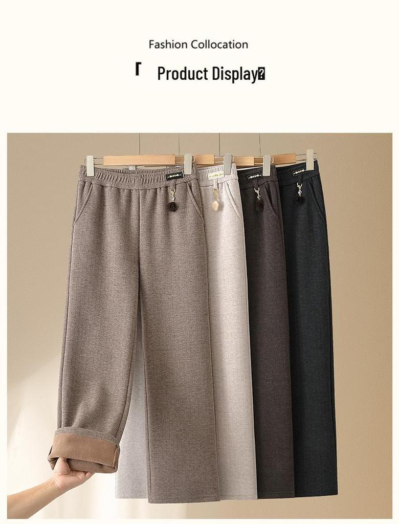 Mid-aged and Elderly Women's Fleece-Lined Straight Leg Pants - Elastic Waist, Autumn/Winter Casual Wear
