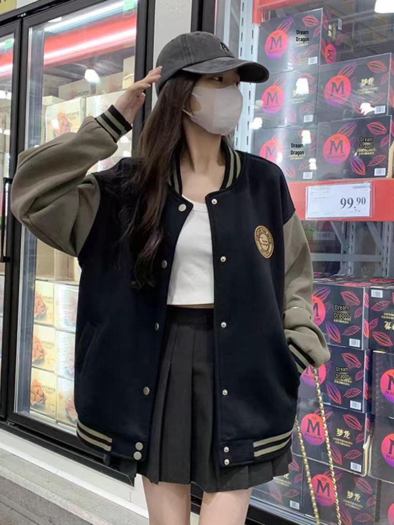 Women's Retro Baseball Jacket - 2024 Autumn/Winter, Loose Fit, Plus Size, Thickened, Casual Versatile Style