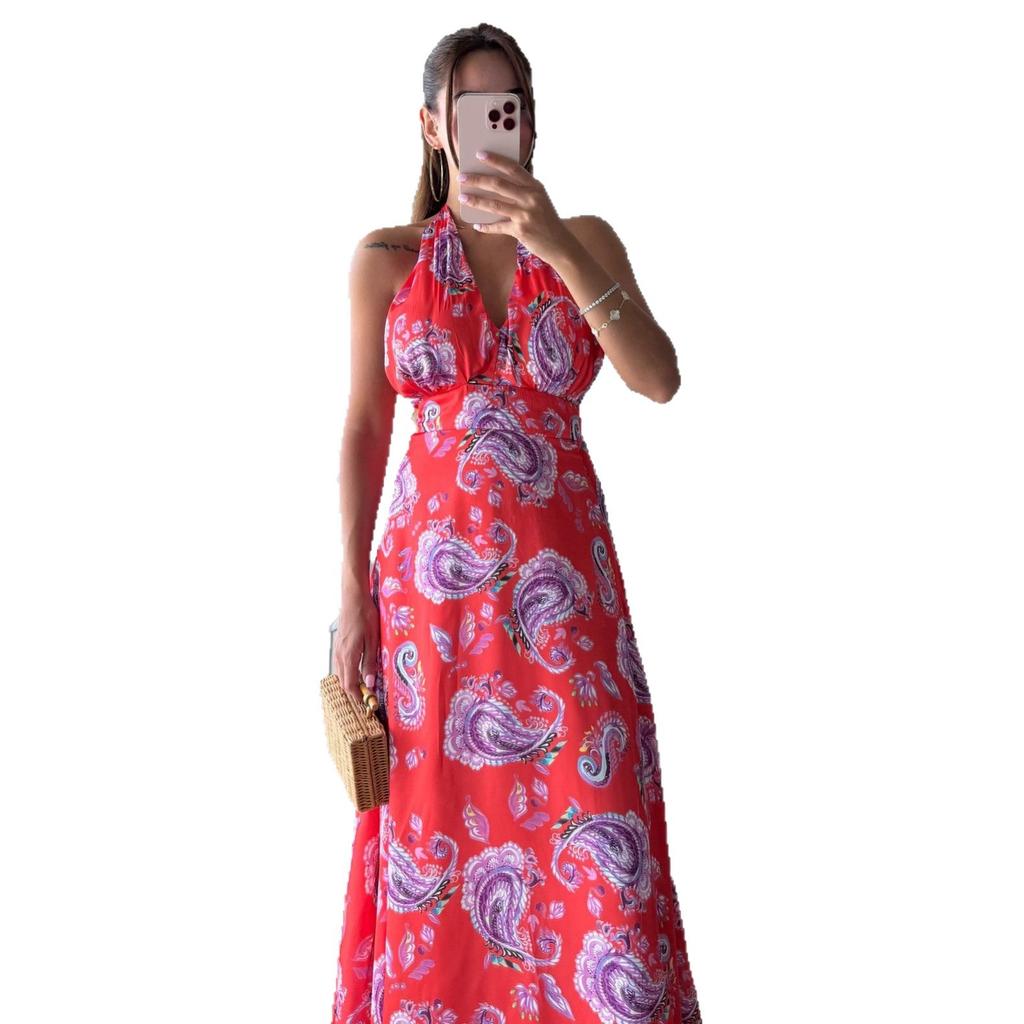 European and American women's clothing spring and summer backless neck collar sleeveless long dress waist A word backless dress