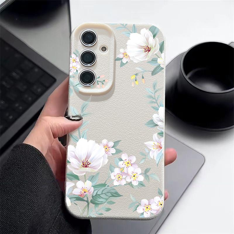 Simple Floral Pattern Shockproof Soft Case For Samsung S25 Ultra S24 FE S23 S22 A56 A16 A36 A15 A55 A35 A54 Leather Texture TPU Matte Slim Phone Cover