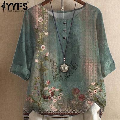 Women's Fashion Casual Summer Spring Flower Pattern Print 1/2 Sleeves O-Neck Blouses & Shirts